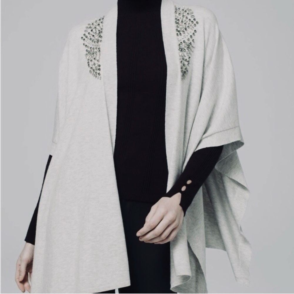 White House Black Market Light Gray Embellished Poncho
